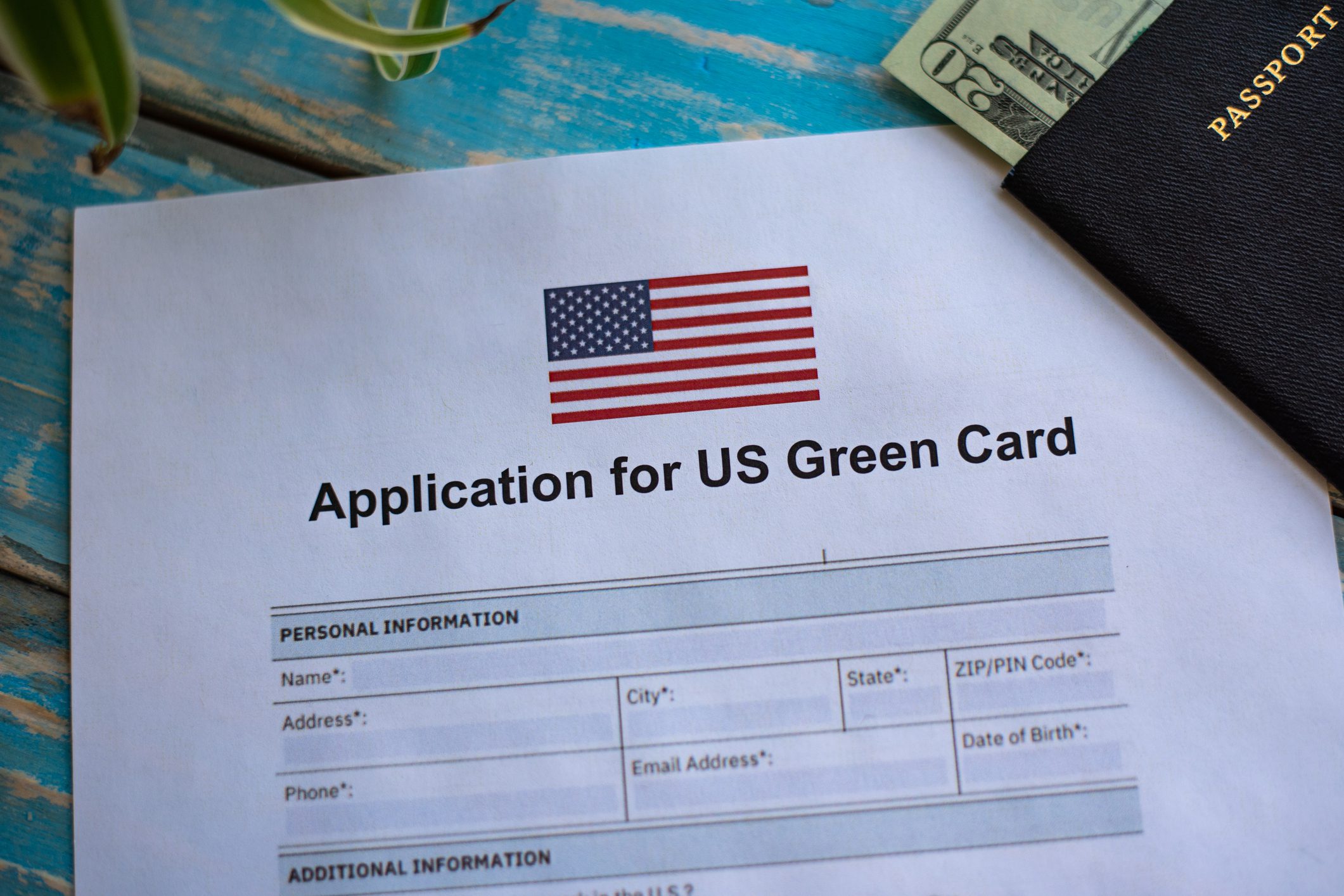 Application for United States of America green card Illustrative photograph of form for USA green card application